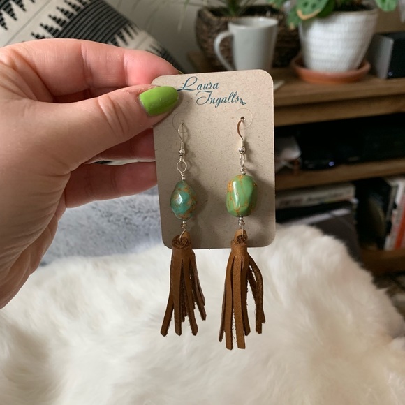 NWT • leather tassel turquoise nugget earrings - Picture 2 of 4